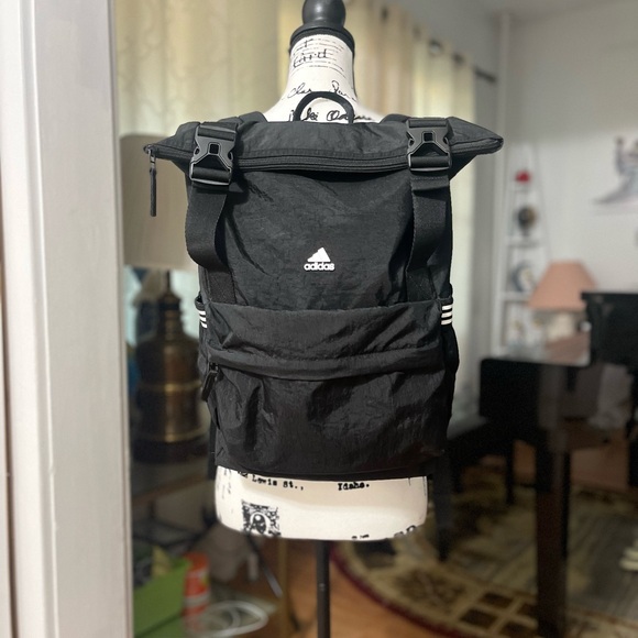 EUC Unisex Adidas Yola Roll-Top Nylo Backpack In Black & White - Picture 8 of 14